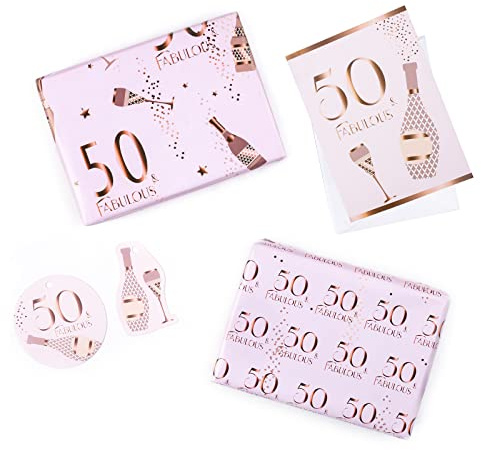RUSPEPA Happy 50th Birthday presentpapper med rosa design med hälsningskort och presentetiketter för födelsedagsönskningar - 2 hopfällbara platta ark