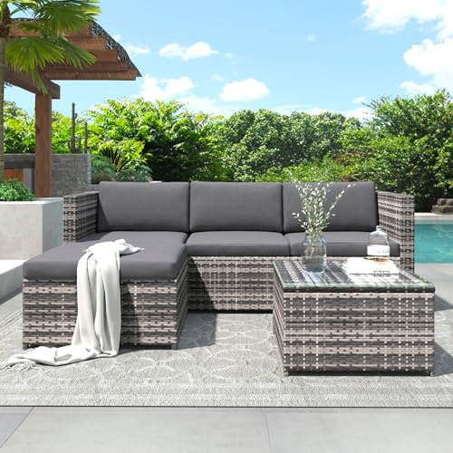 Juego de sofá esquinero de jardín de ratán, muebles de jardín, juego de entretenimiento para jardín, muebles de ratán (gris, ratán de polietileno)