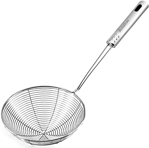Anaeat 6.1 Stainless Steel Spider Skimmer, Professional Kitchen Pasta Strainer Spoon with Long Handle - Asian Strainer Ladle Wire Skimmer Spoons for Cooking and Frying
