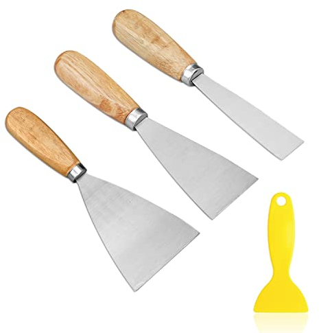 3 raschietti riempiti con stucco, 1 raschietto giallo piccolo, raschietto per carta da parati con manico in legno massello (1, 2, 3 pollici) per decorazioni fai-da-te, rimuovi bolle d'aria