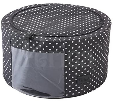 Periea 'Abby' Round Home Storage Boxes with Zip Lids, Front Window & Folding Steel Frame (Black with White Dots, Medium)