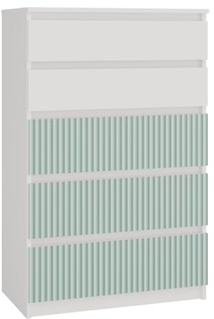 CDF Kommode Malwa M5 | Farbe: Weiß/Mintgrün | Schrank für Dokumente, Kleinigkeiten | Ideal für Wohnzimmer, Schlafzimmer, Kinderzimmer, Jugendzimmer | 5 geräumige Schubladen
