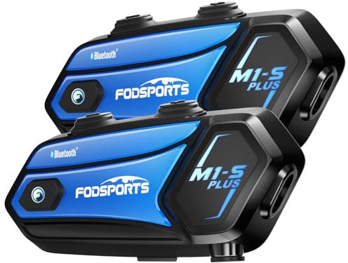 Fodsports M1-S Plus Intercomunicador Casco Moto, 8 Motociclistas de 2000m, Indicaciones de Voz en 7 Idiomas, Mezcla de Audio por Cable AUX/Compartir música/Emparejamiento Universal/Radio FM