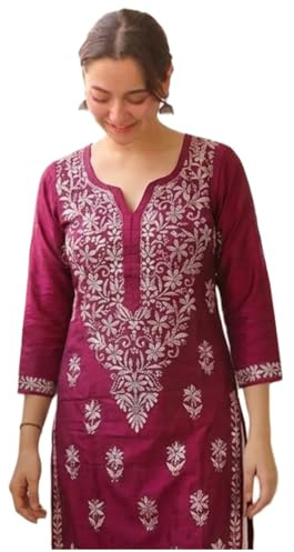GoSriKi Women's Rayon Blend Straight Chikankari Embroidered Kurta, pink, XL