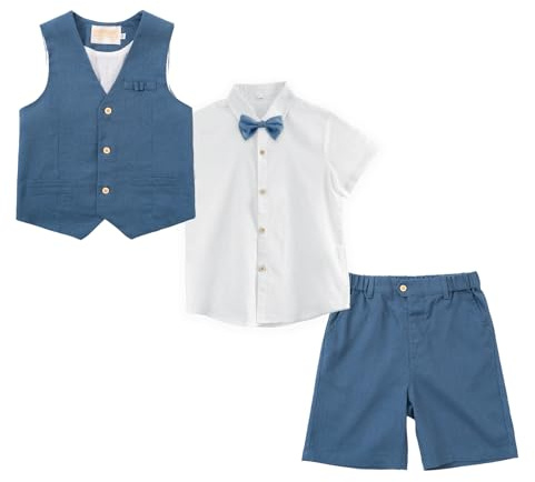 LOLANTA 4PCS Page Boy Outfit, Boys Wedding Suit, Kids Gentleman Waistcoat Shorts Suit Set, Linen Summer Waistcoat Set, Christening Ceremony Prom Birthday Partywear, Blue, 10-11 Years, 150