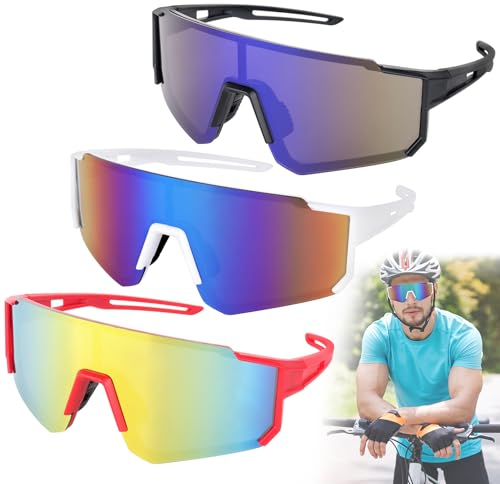 LYPPUL 3 Stück Schnelle Brille Herren Fahrradbrille UV 400 Sportbrille Sport Sonnenbrille Laufbrille MTB Fahrrad Brillen für Herren Damen Rennrad Fahrrad Ski Rave Golf Outdooraktivitäten