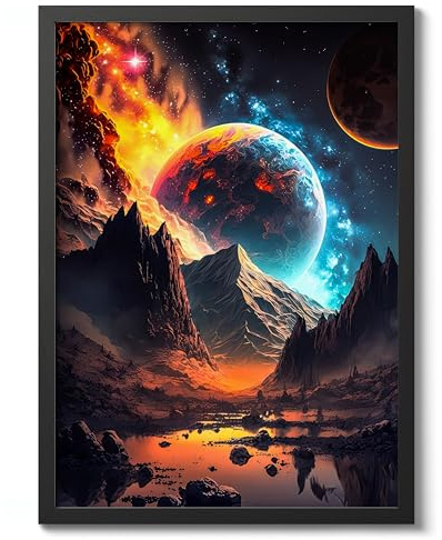 Cosmic Landscape Space Poster, Colourful Abstract Astronomy Wall Art Home Decor, Astronaut Planets Print, Archival Matte, A2 (Black Frame) - 59.4x42cm