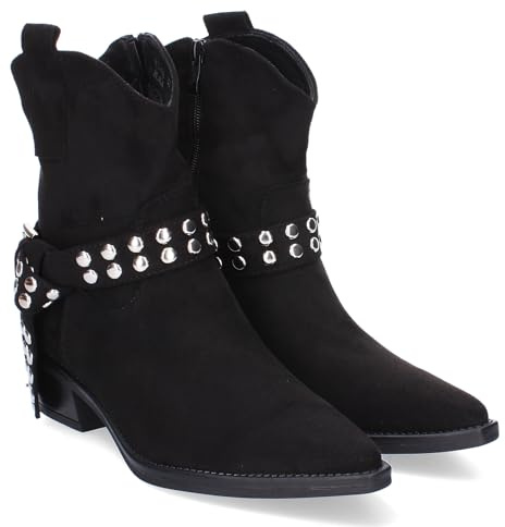 86216 Botin de Tacon para Mujer Estilo Campero, Comodas y Elegantes con Hebilla Decorativa y Tachuelas, Diseno Moderno y Versatil. Negro Talla 36