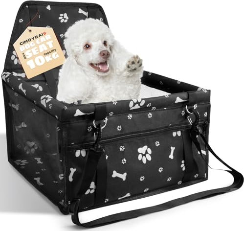 CIMOYBAI Autositz für Hunde, extra stabil, für kleine bis mittelgroße Hunde, Oxford-Stoff, atmungsaktiv, waschbar, faltbar (Schwarzer Fußabdruck)
