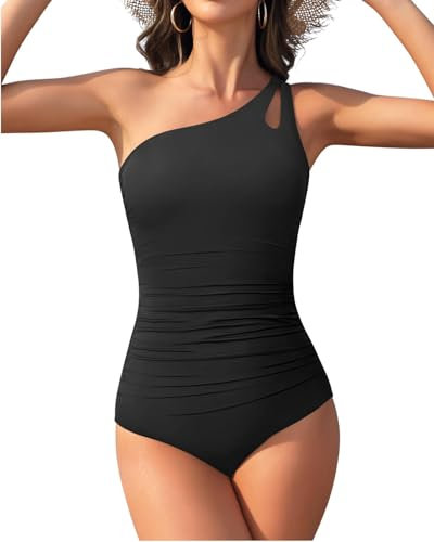 Durio Badeanzug Damen Bauchweg Badeanzüge für Damen One Shoulder Raffung Badeanzug Sexy Einteilige Rückenfrei Bademode Cut Out Swimsuit Schwarz M