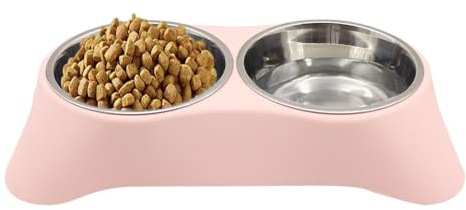 Arightmu 2-in-1 Stainless Steel Pet Bowls | Non-Slip Tilted Cat Dog Bowl with Anti-Skid Design | Double Bowl for Kittens, Puppies, Rabbits & Small Animals (Pink, Small)
