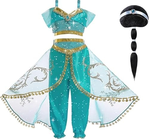 ZZXLOPEZ Jasmin, prinsesskostym, prinsessa, jasmin, kostym barn med peruk och hårnät, prinsesskostym, klänning för cosplay, jul, halloween, födelsedagsfirande (130 cm)