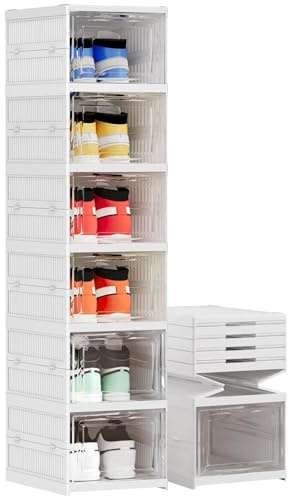 Taylor & Brown 6 Tier Shoe Storage Organiser Box White 6 Layer Foldable Collapsible Stackable Shoe Rack Bins for Sneakers Shoes with Clear Display 105.5cm Tall