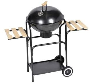 QUAHEAS Barbecue a sfera Nevada in acciaio con manici in legno, griglia da 44 cm, regolatore di ventilazione, ripiani in legno, altezza 96 cm, 2 ruote, per giardino, balcone, barbecue con legno e