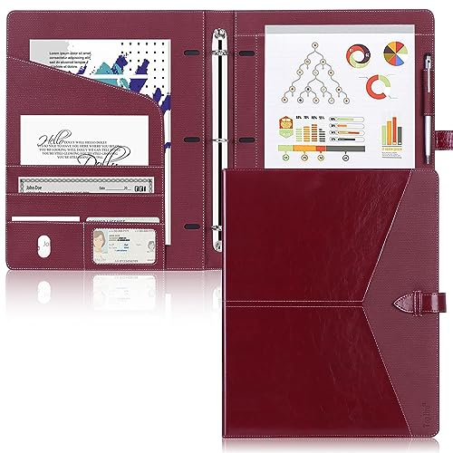 Toplive Padfolio 3 Ring Binder Organizer Business Portfolio Folder for Women, A4/ Letter Size PU Leather Portfolio Padfolio for Interview Conference Presentation, Wine Red