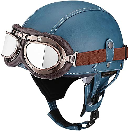 CFZWJ Motorcykelhjälm i retrostil, halvhjälm, unisex, PU-läder, motorcykelhjälmar med vintage-glasögon, årstider, utomhus-åkning, skoter, moped, DOT-godkänd hjälm