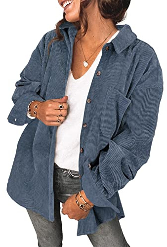 Saslax Chemisier Ample en Velours côtelé à Manches Longues et col en V pour Femme, Bleu A, Taille XL