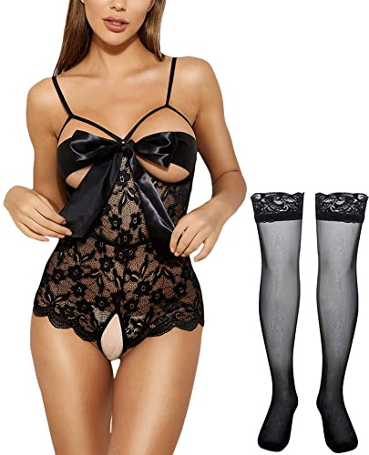 NLAND Intimo Donna Tuta Intera Tuta Intera Pizzo Teddy Babydoll Pigiama con Bretelle Davanti in Raso Collant con Apertura sul Cavallo