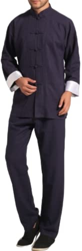 Bon amixyl Tenue Homme De Tai Chi Veste Chinoise Homme Vetement Chemise Tai Chi Kung-Fu Chemise Qi Gong en Coton et Lin Marine M