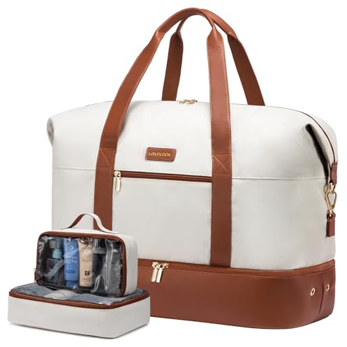 LOVEVOOK Reisetasche Damen, Weekender Faltbare Seesack Reisetaschen Handgepäck Flugzeug, Sporttasche Gymbag Groß Overnight Bag Für Reisen Urlaub Selbstfahrende Tour, Beige Braun