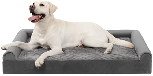 KSIIA Hundebett Grosse Hunde, Orthopädisches Hundebetten 111x81x18cm Hundesofa Bezug abnehmbar waschbar, XL Hundekorb mit DREI erhöhte Ränder, Hundecouch rutschfeste Unterseite, Grau