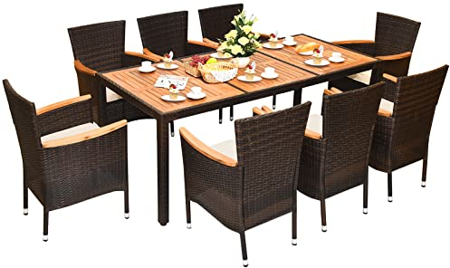 COSTWAY 9 TLG. Rattan Gartenmöbel Set, Sitzgruppe für 8 Personen, Gartentisch mit Tischplatte aus Akazienholz, 8 stapelbare Stühle & Kissen, Terrassenmöbel Set, Sitzgarnitur, Gartengarnitur, Essgruppe