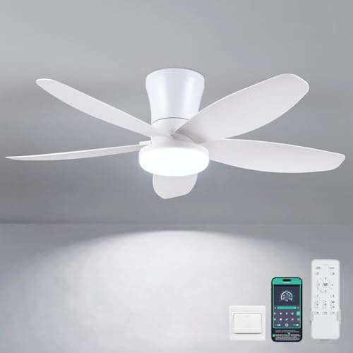 Ventilatori a soffitto con luci-92CM Ventilatore a soffitto a basso profilo con luce e controllo remoto/APP,DC reversibile, LED dimmabili Ventilatori a soffitto moderni per camera da letto(Bianco)