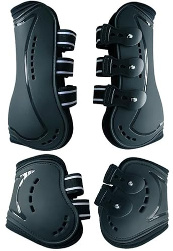 Merauno® Gamaschen & Streichkappen, 4er Set Gamaschen Pferdesehne Bandage mit Robust Elastisch, PU Shell, Neopren atmungsaktiven Löchern für Springen, Reiten, Events (L, Schwarz)