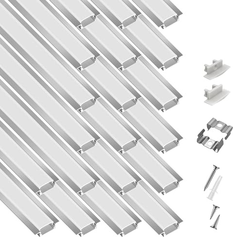 20-Pack 6.6ft/2Meter Silver Recessed LED Aluminum Channel for LED Strip Lights Diffuser Channel with Milky Cover End Caps and Mounting Clips, Flush Mounted LED Track for Ceiling Under Cabinet Closet.