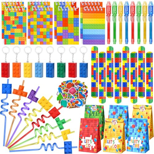 Kindergeburtstag Mitgebsel Jungen Bausteine Party UV Stift &Mini Notizbuch Strohhalme Kinder Bauklötze Schnapparmband Schlüsselanhänger Aufkleber Building Bricks Give Aways Regenbogen Party Geschenk