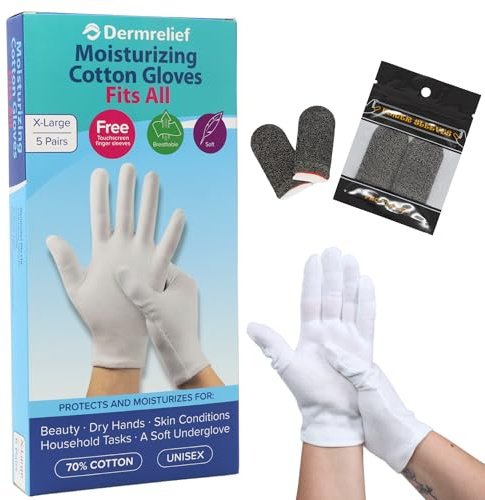 Dermrelief Cotton Gloves Fits All - for Beauty, Dry Hands, Eczema, Dermatitis and Psoriasis (5 Pairs) with Free Gift (Touchscreen Finger Sleeves) (Large)
