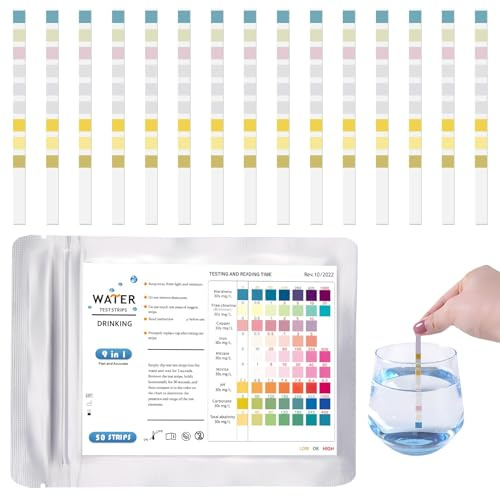 50Pcs 9 En 1 Bandelettes de Test pH pour Eau de Piscine et Spa, Test Eau Potable Bandelette Testeur Dureté de L'eau pour Aquarium, Pool Teststreifen pour Analyse pH Nitrites Chlore Dureté Piscine