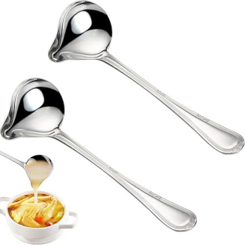 Set di 2 mestoli per salsa in acciaio inox, 20,5 cm, lucidati a specchio, con beccuccio, lavabili in lavastoviglie