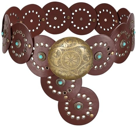 LEACOOKEY Women Wide Vintage Concho Leather Belt Western Disc Waist Belt Boho Disk Concho Style for Dress Jeans