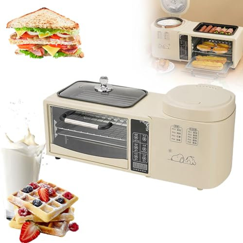 MJMLUCK Máquina de Desayuno 4 en 1, Horno de 2 Niveles de 8 L, vaporera eléctrica de 1 L y sartén eléctrica, Control de Temperatura Independiente y Pantalla táctil, Ideal para el hogar.