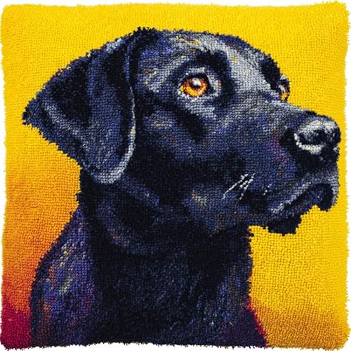 WallustrioaW Tier Hund Kissen Knüpfen Kit,Schwarzer Labrador-Welpe,Knüpfkissen Set Für Anfänger Erwachsene Oder Kinder Zum Selber Knüpfen,DIY Knüpfteppich Knüpfpackung,43x43cm