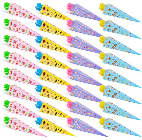 Encuryna Lot de 32 petits cornets d'écolier de 20 cm - Guirlande à suspendre - Décoration pour filles et garçons - 4 couleurs - Sacs à sucre pliables pour la rentrée des classes et les fêtes + sac