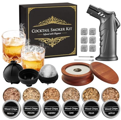 Kit Ahumador de Cócteles Premium con Soplete y 2 Vasos – 6 Sabores de Virutas, 2 Moldes de Hielo & 6 Piedras de Granito – Set de Regalo Profesional en Caja de Lujo (Sin Butano)