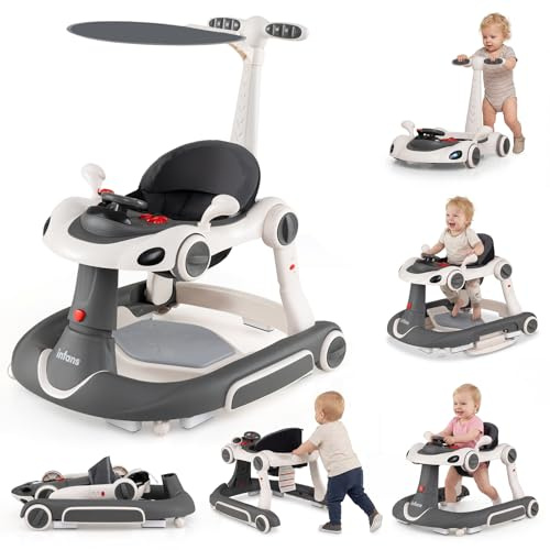 INFANS 6-in-1 Foldable Baby Walker, Converts Push Car to Bouncer, Rocker with Music, Lights, Adjustable Height & Speed, Activity Center, Canopy for 7-18 Months (Gray)