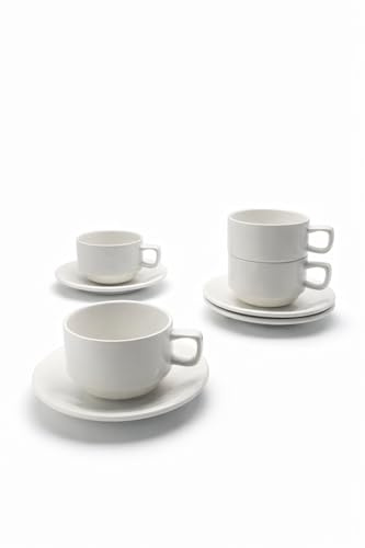 Leonardo Luxury Home Design Set 4 Tazze da The Porcellana Bianca Piattino 180 ml Resistenti Eleganti Lavastoviglie Microonde Cappuccino Caffè Latte Idea Regalo (4 Classiche Impilabili)