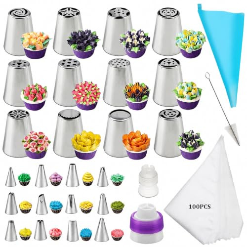 Kufeiper 128 Piezas Juego de Puntas Pasteleras de Acero Inoxidable,Accesorios para Hornear Pasteles, Juego de Mangas Pasteleras con Boquillas, 24 Puntas Pasteleras, Accesorios para Pasteles