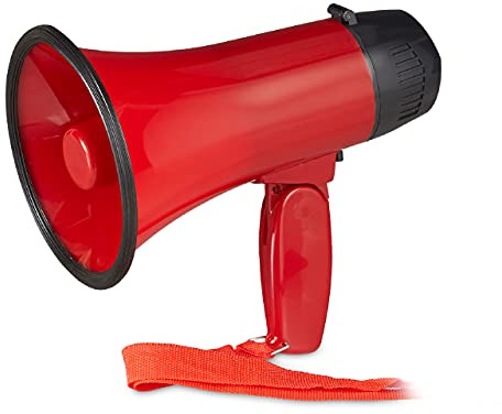 4 st. megafoner för stadion, megafon med olé olé-ljud, bullhorn med infällbart handtag och handrem, plast, 10 watt, röda