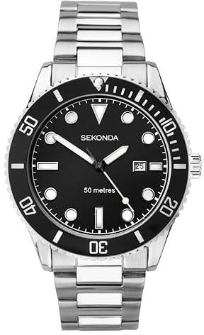 Sekonda Dive Oceans Herren-Quarzuhr 43 mm mit analoger Datumsanzeige und Edelstahlarmband, schwarz/Silber, Armband