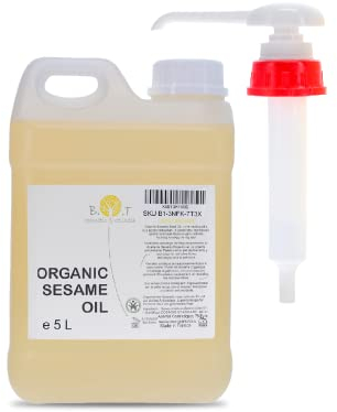 Huile de Sésame Bio 100% Pure, Pressée à Froid, Soin Peau & Cheveux, Massage Ayurveda, Antioxydant, Multi-Usage, Nourrit les cheveux et la Peau 5000 ml