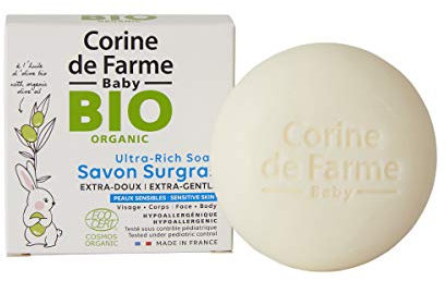 Corine de Farme - Sapone solido surgras biologico per il bambino extra morbido all'olio d'oliva per corpo/viso/capelli, certificato biologico Ecocert - Produzione 100% francese