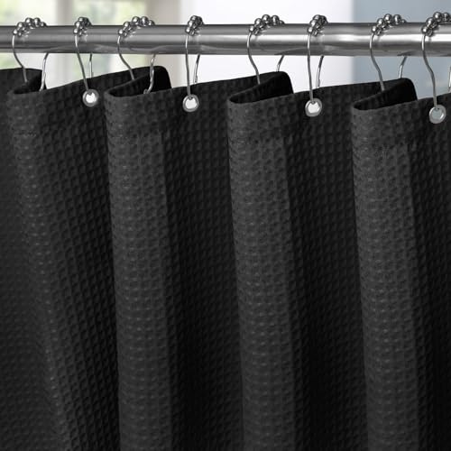 VANZAVANZU Shower Curtain for Bathroom with Metal Hooks Waffle Fabric Shower Curtain Heavy Duty Bath Curtain for Wet Room Bathtub Shower Stall, Weighted Hem, Water Resistant - 92 x 182cm (Black)