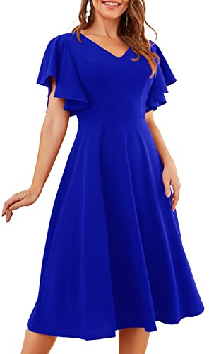 Bridesmaid Dresses for Women Flare Cocktail Dresses V Neck Plus Size Tea Dresses Semi Formal Church Dress for Prom/Party/Date RoyalBlue XL