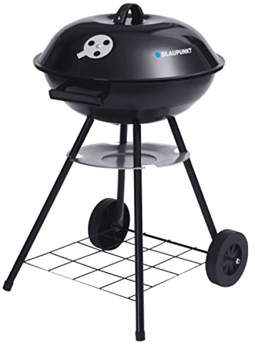 Blaupunkt GC401 Holzkohlegrill auf Rollen Rundgrill Standgrill Gartengrill Grillwagen mit Unterem Regal Gartengrill 41cm Durchmesser BBQ Thermometer im Deckel