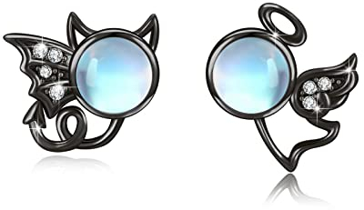 Engel und Teufel Ohrstecker 925 Sterling Silber Mondstein Ohrstecker Schmuck Hypoallergen Ohrringe Mondstein Ohrringe Weihnachts für Mädchen Damen (Schwarz)