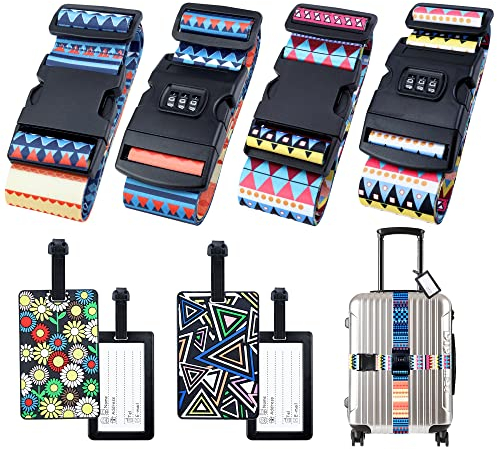 Hivia Koffergurt mit Schloss 4 Stück + 4 Stück Koffermarkierung mit Adressetikett Bunt Boho Style